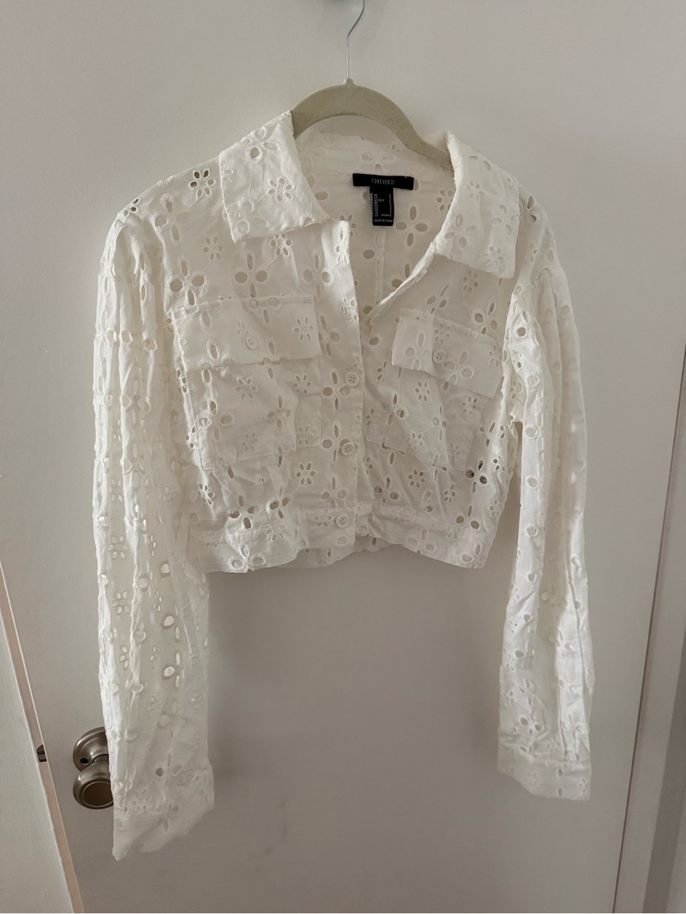 Forever 21 White Eyelet Cropped Button-Down Shirt